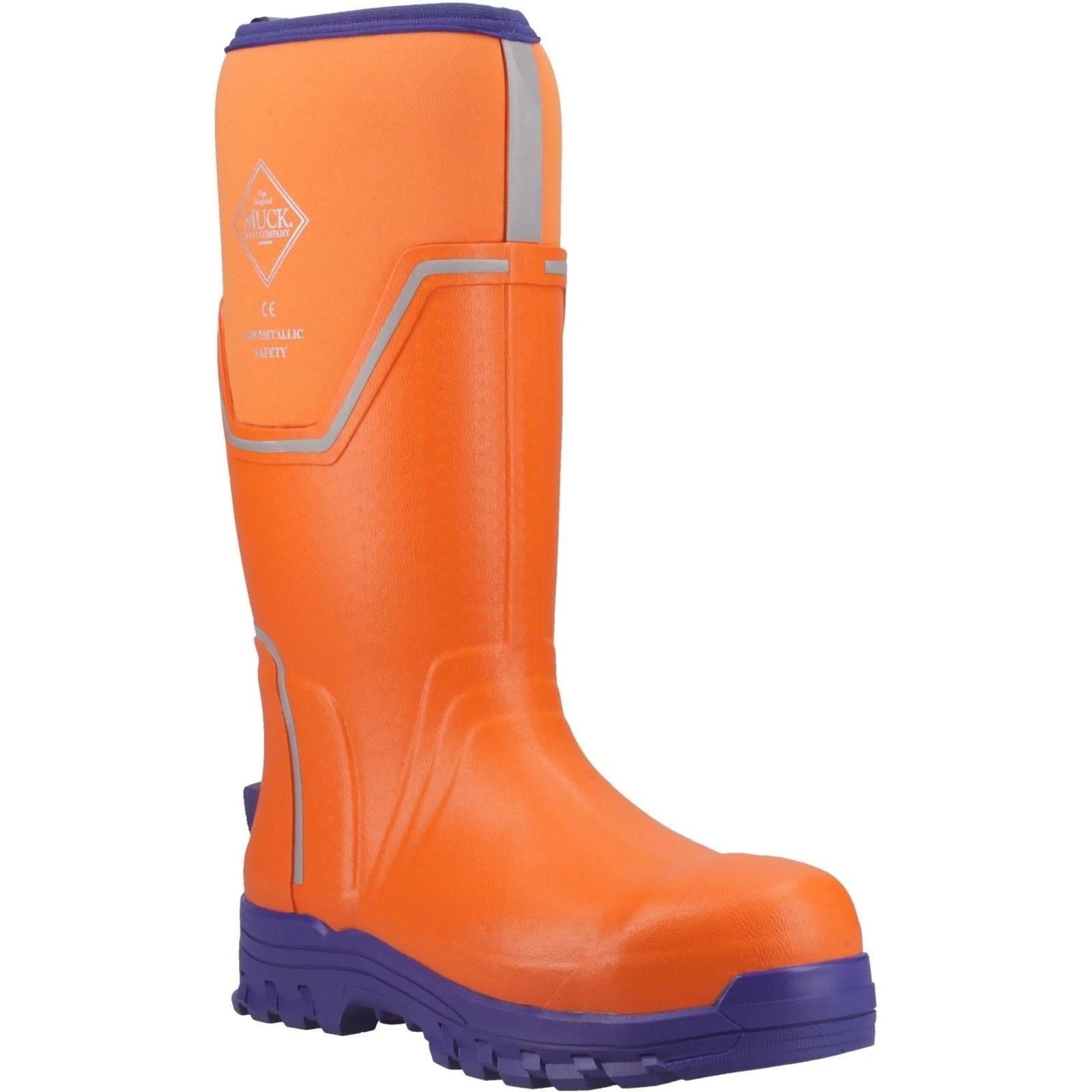 Muck Boots Grit S5 mens orange/blue rubber ESD composite toe/midsole safety work wellington