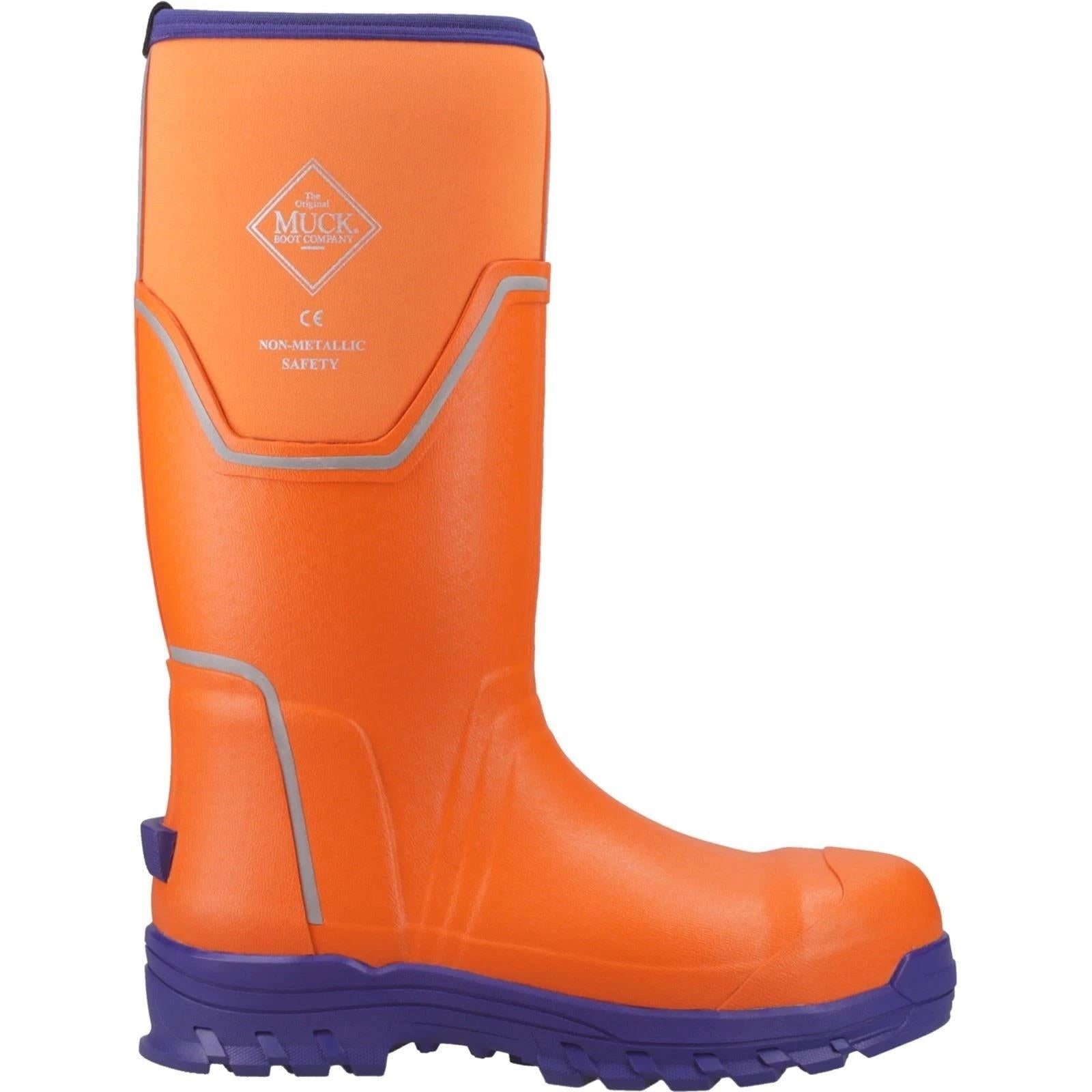 Muck Boots Grit S5 mens orange/blue rubber ESD composite toe/midsole safety work wellington
