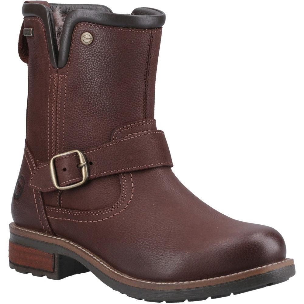 Cotswold Kinsham womens brown leather waterproof warm fur lined biker boots