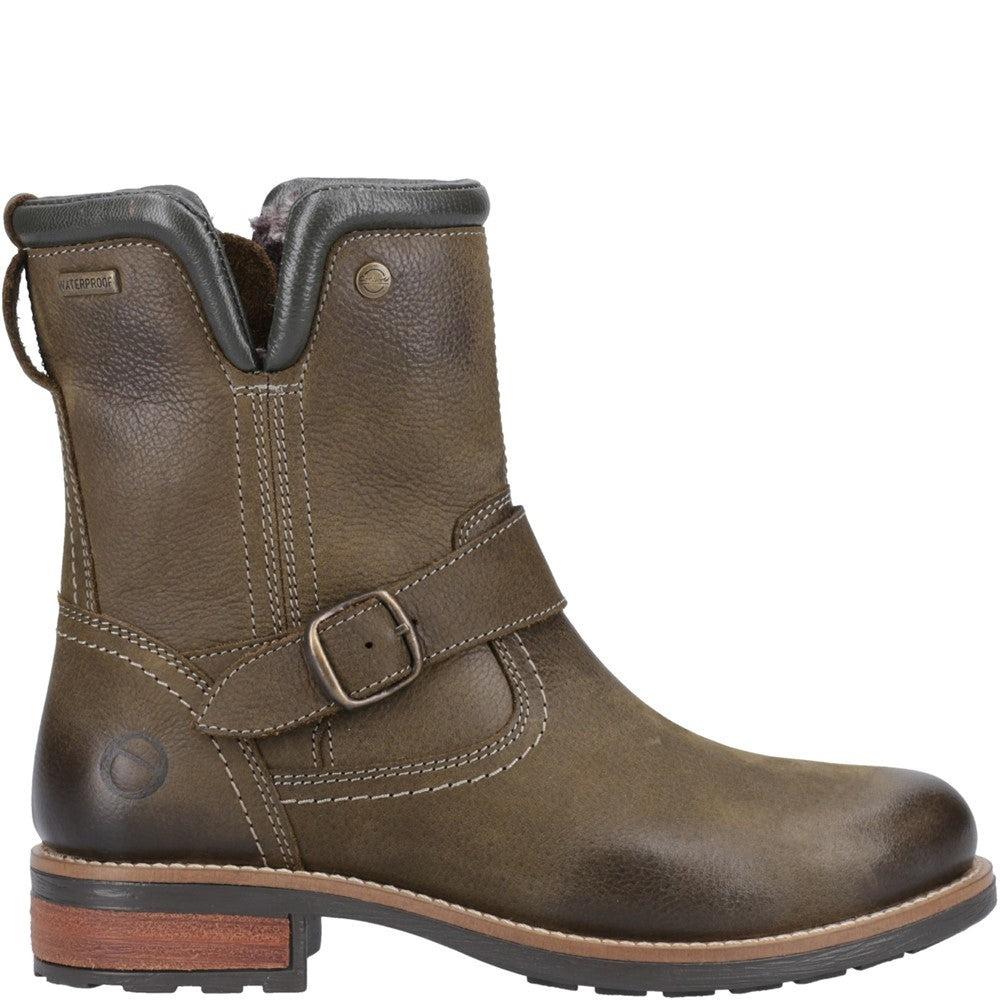 Cotswold Kinsham womens khaki leather waterproof warm fur lined biker boots