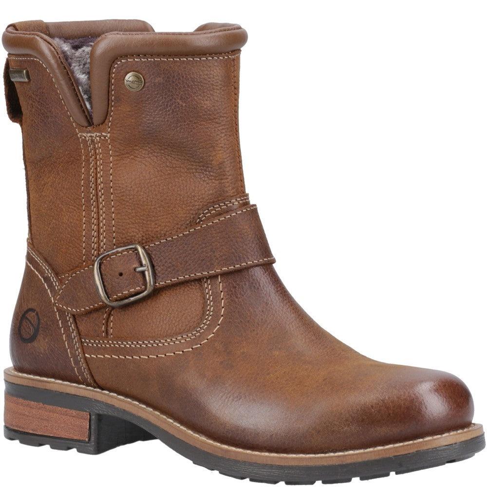 Cotswold Kinsham womens tan leather waterproof warm fur lined biker boots