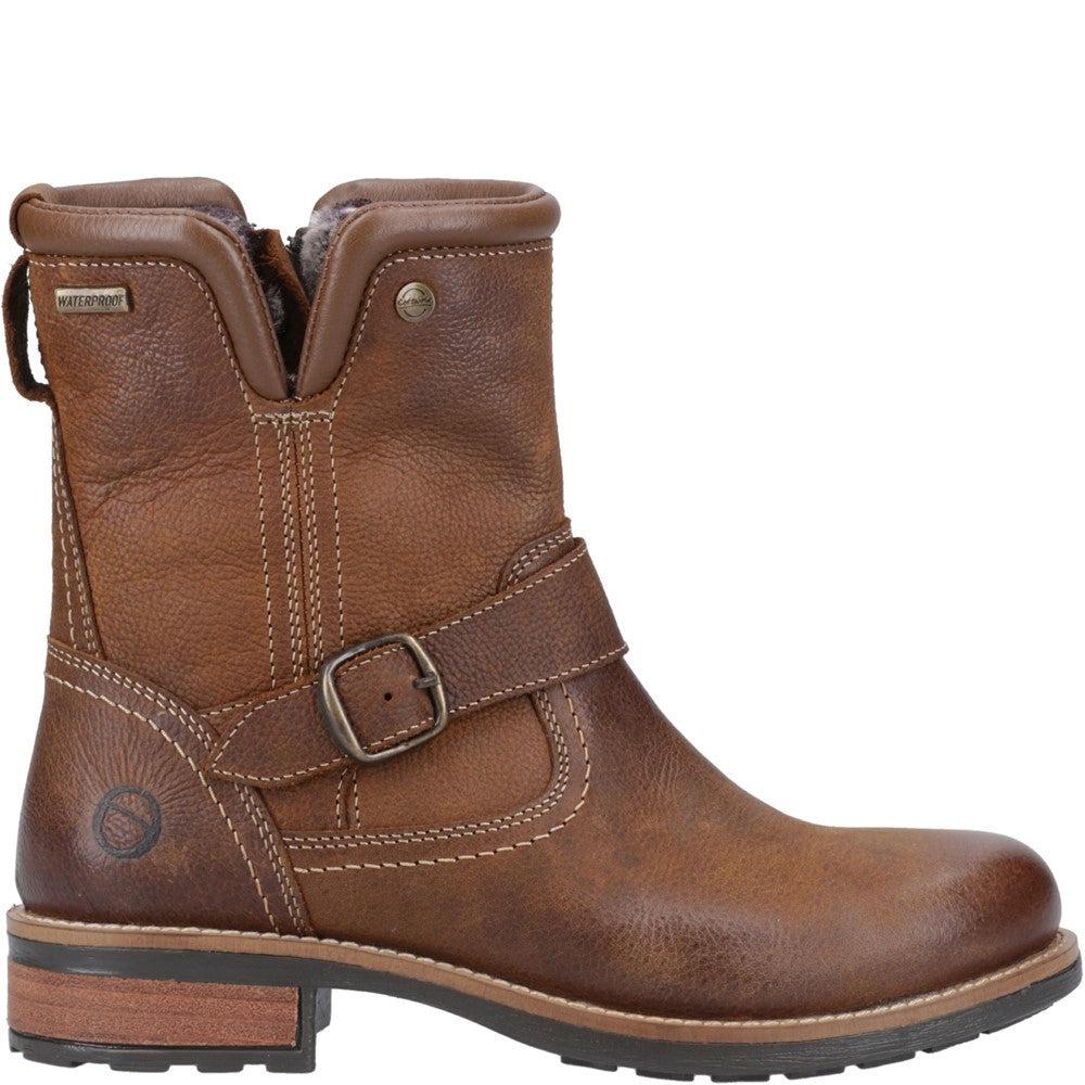 Cotswold Kinsham womens tan leather waterproof warm fur lined biker boots