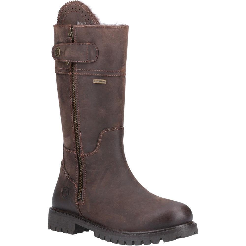 Cotswold Bushcombe womens brown leather waterproof fur lined side zip calf boots