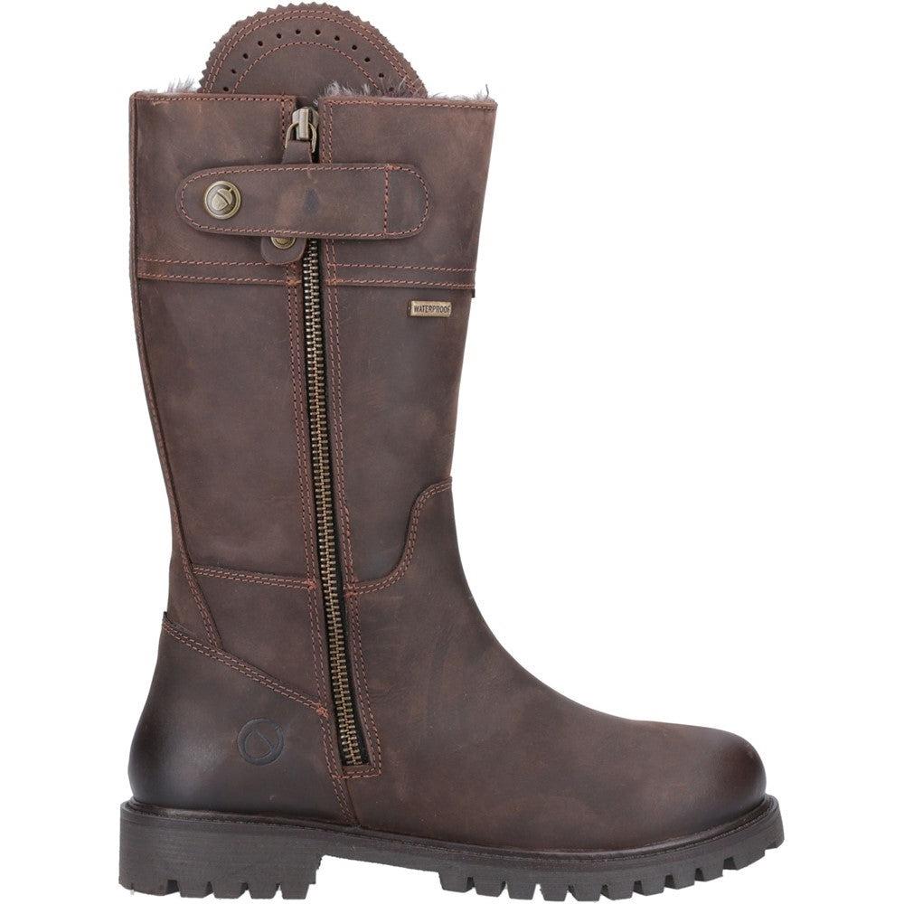 Cotswold Bushcombe womens brown leather waterproof fur lined side zip calf boots