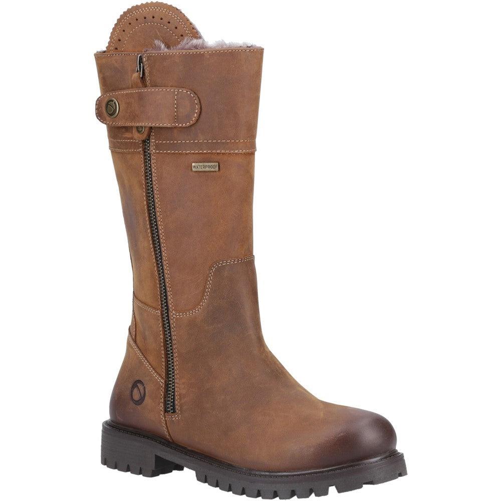 Cotswold Bushcombe womens tan leather waterproof fur lined side zip calf boots