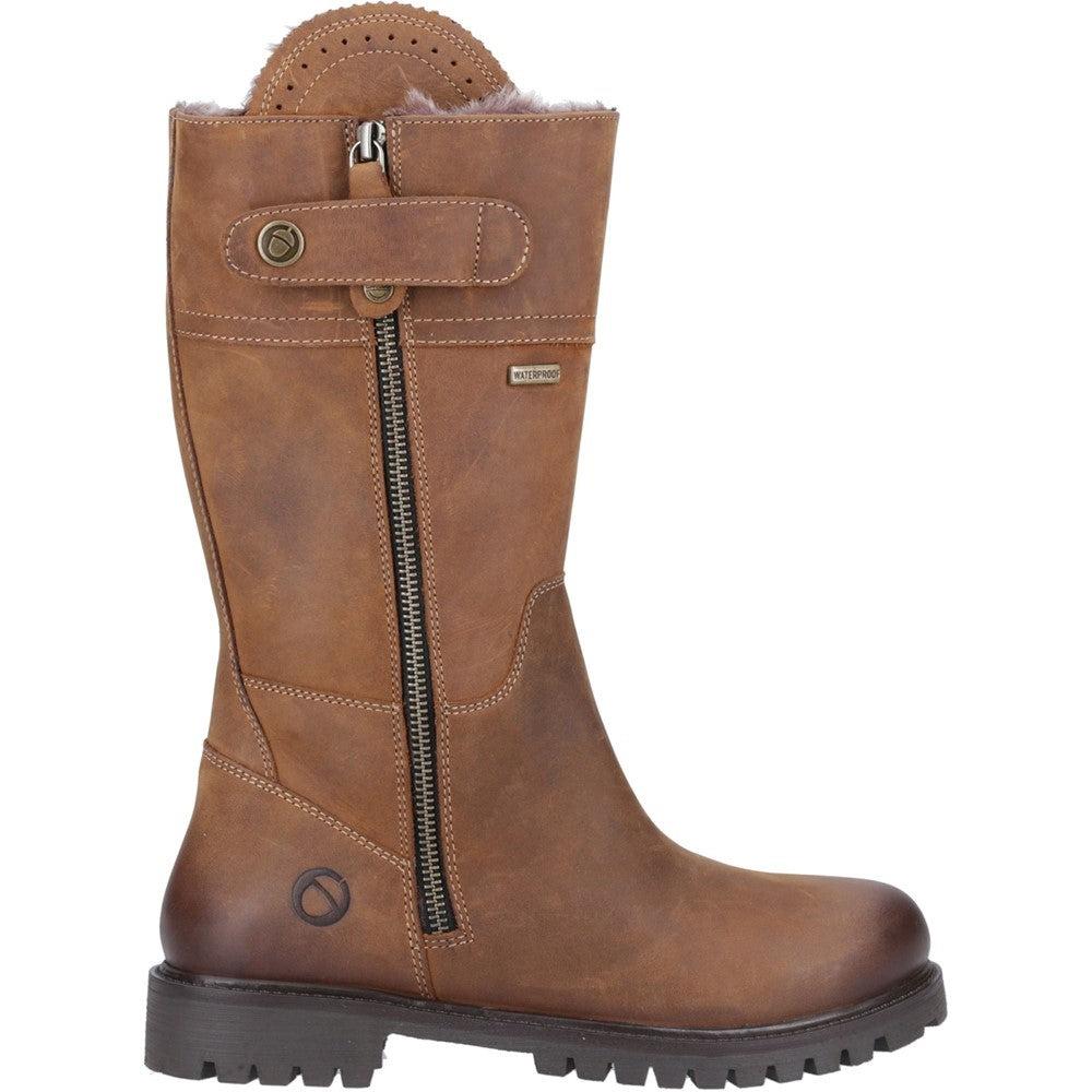 Cotswold Bushcombe womens tan leather waterproof fur lined side zip calf boots