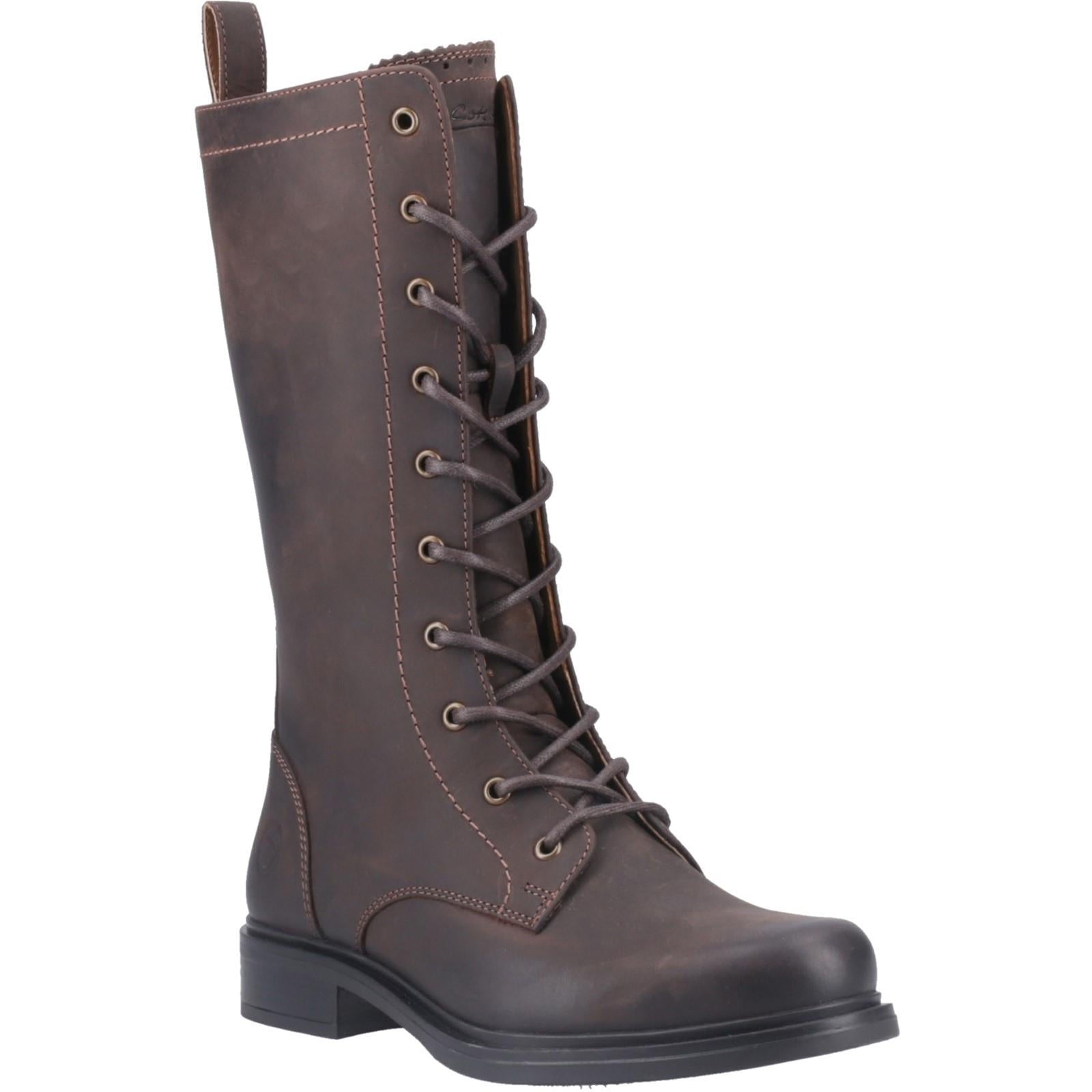 Cotswold Hidcote womens brown leather side zip fur lined tall boots