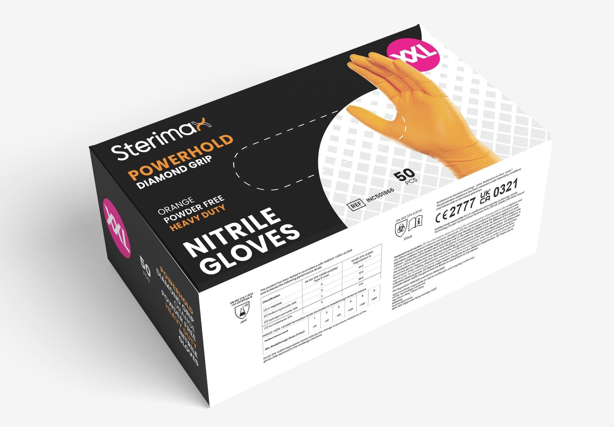 Powerhold orange Diamond Grip nitrile powder-free gloves - pack 100 singles
