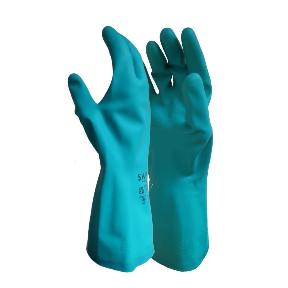 Green 300mm flock lined nitrile solvent printers chemical gauntlet gloves