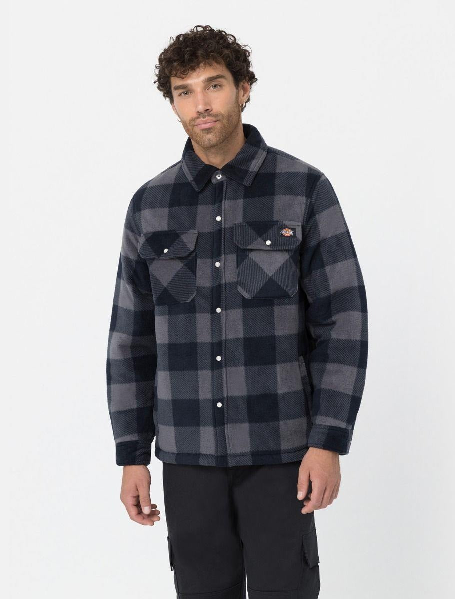 Dickies Shacket navy check padded quilted fleece-lined hood work shirt